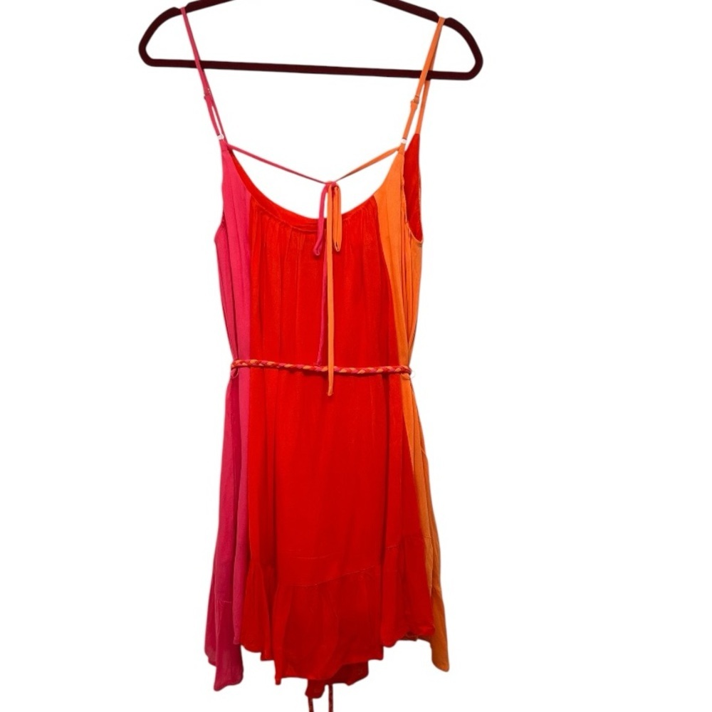 Vici Colorblock Orange & Pink Belted Swing Tent Mini Resortwear Vacation Dress S - Picture 9 of 11